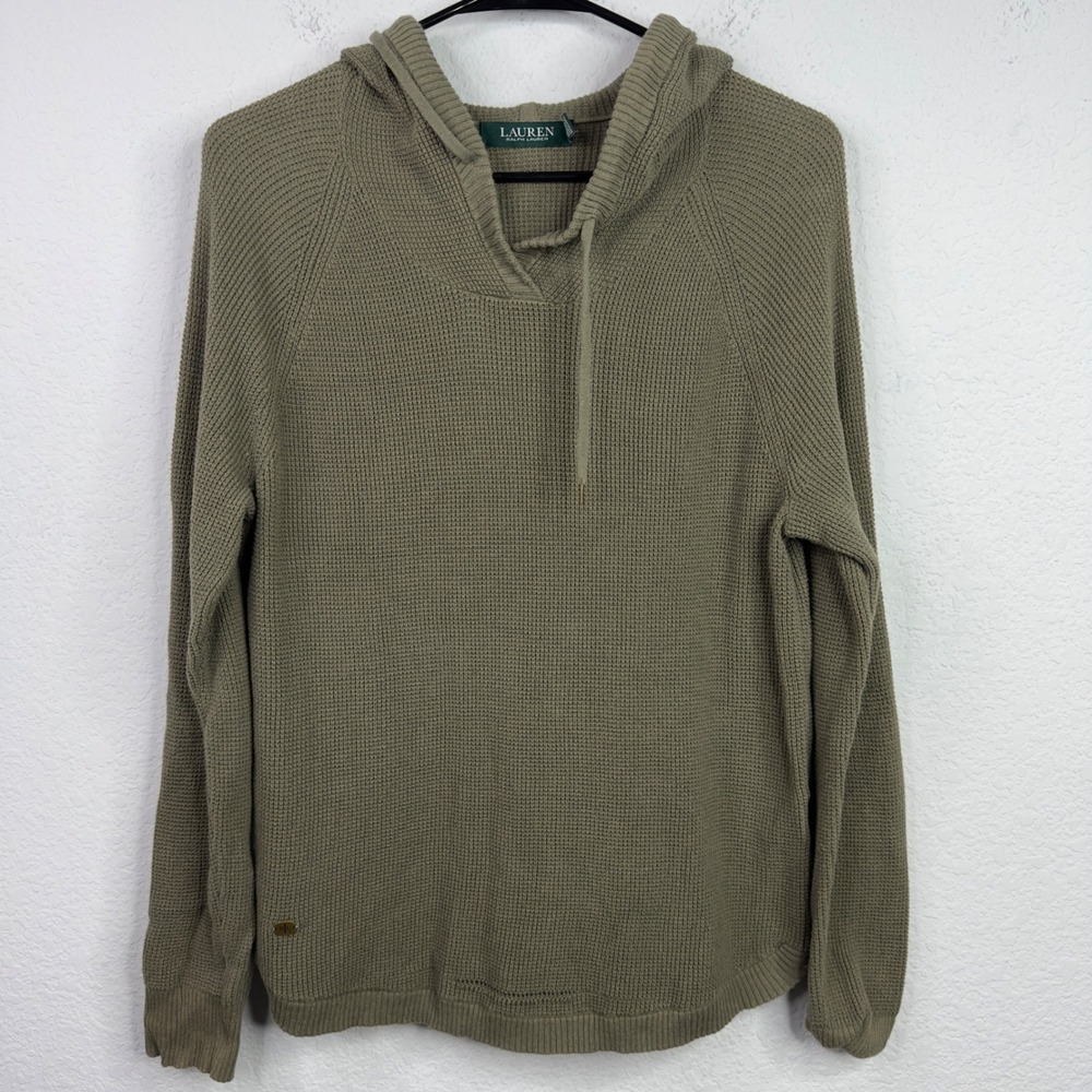Lauren Ralph Lauren Sweater Womens L Green Cotton Waffle Knit Hoodie Earthy Boho